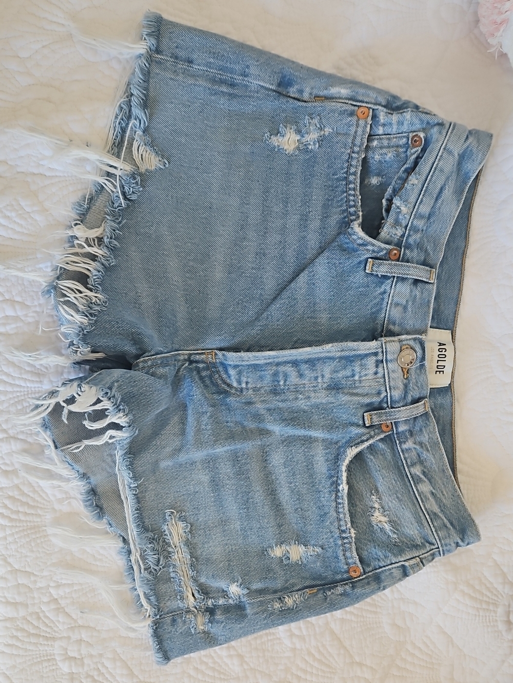 Agolde Light Wash Distressed Frayed Hem Denim Shorts